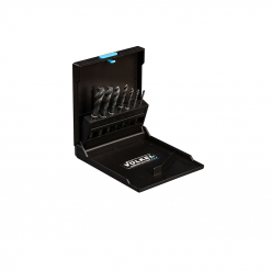 Werkzeuge – Qualität für Profis Schwarzer Koffer mit sechs aufrecht darin ausgestellten Klettergriffen, beschriftet mit „WEISSRING-Maschinengewindebohrer VÖLKEL“, auf weißem Hintergrund. Ideal für alle, die ihre abenteuerliche Seite ausleben möchten, während sie nach günstigen Elektrowerkzeugen suchen oder die perfekte Bohrmaschine für Heimwerker suchen. Jetzt kaufen