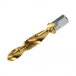 Werkzeuge – Qualität für Profis Nahaufnahme einer goldenen und silbernen VÖLKEL Kombi-Bits-Box TIN mit Spiralnuten und sechseckigem Schaft, perfekt für alle, die Profi-Werkzeuge kaufen möchten. Jetzt kaufen