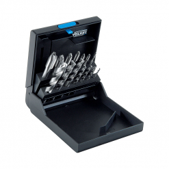 Werkzeuge – Qualität für Profis Wir präsentieren das P.K.35 VÖLKEL Maschinengewindebohrer-Set mit einer Auswahl an Metallbohrern in einem robusten schwarzen Kunststoffkoffer, sorgfältig in Reihen angeordnet, um allen Ihren Heimwerker-Anforderungen gerecht zu werden. Jetzt kaufen