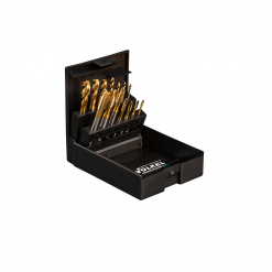 Werkzeuge – Qualität für Profis Ein Satz P.K.41 VÖLKEL Maschinengewindebohrer Form B + 35°RSP TIN-Bohrer, gefertigt aus Schnellarbeitsstahl mit elegantem Gold-Finish und erhältlich in den Größen M 3-13, wartet in einer offenen schwarzen Box darauf, entdeckt zu werden – ein perfekter Begleiter für Ihren Bohrmaschine-für-Heimwerker-Werkzeugkasten. Jetzt kaufen