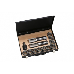 Werkzeuge – Qualität für Profis Der V-COIL Gewinde-Reparatur-Satz UN 1,5/8" x 8 ist ein Satz Metallwerkzeuge in einem schwarzen Koffer mit Holzsockel, perfekt für alle, die professionelle Werkzeuge kaufen möchten. Er besteht aus zwei großen zylindrischen Teilen, einem kleineren Teil und einer Auswahl an Steckschlüsselaufsätzen – ideal für alle Heimwerker oder Heimwerker-Bohrprojekte. Jetzt kaufen