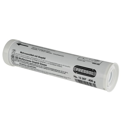 Werkzeuge – Qualität für Profis Ein weißer zylindrischer Behälter mit der Aufschrift „Pressol Fettkartusche-400 g, Mehrzweckfett mit Graphit-NLGI 2“, mit auf der Oberfläche aufgedruckten Produktdetails und Anweisungen, ergänzt Ihr Profi-Werkzeuge-Kauf perfekt für jede Aufgabe. Jetzt kaufen