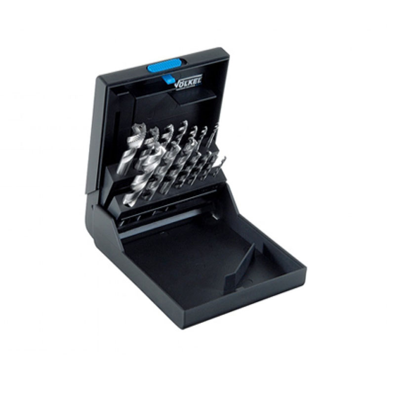 Werkzeuge – Qualität für Profis Offene schwarze Kunststoffbox mit WEISSRING-Maschinengewindebohrern VÖLKEL 39° RSP, M 3-12, in Reihen. Sie hat einen blauen Verschluss am Deckel und entspricht den DIN 371/376-Standards für hohe Präzision. Jetzt kaufen