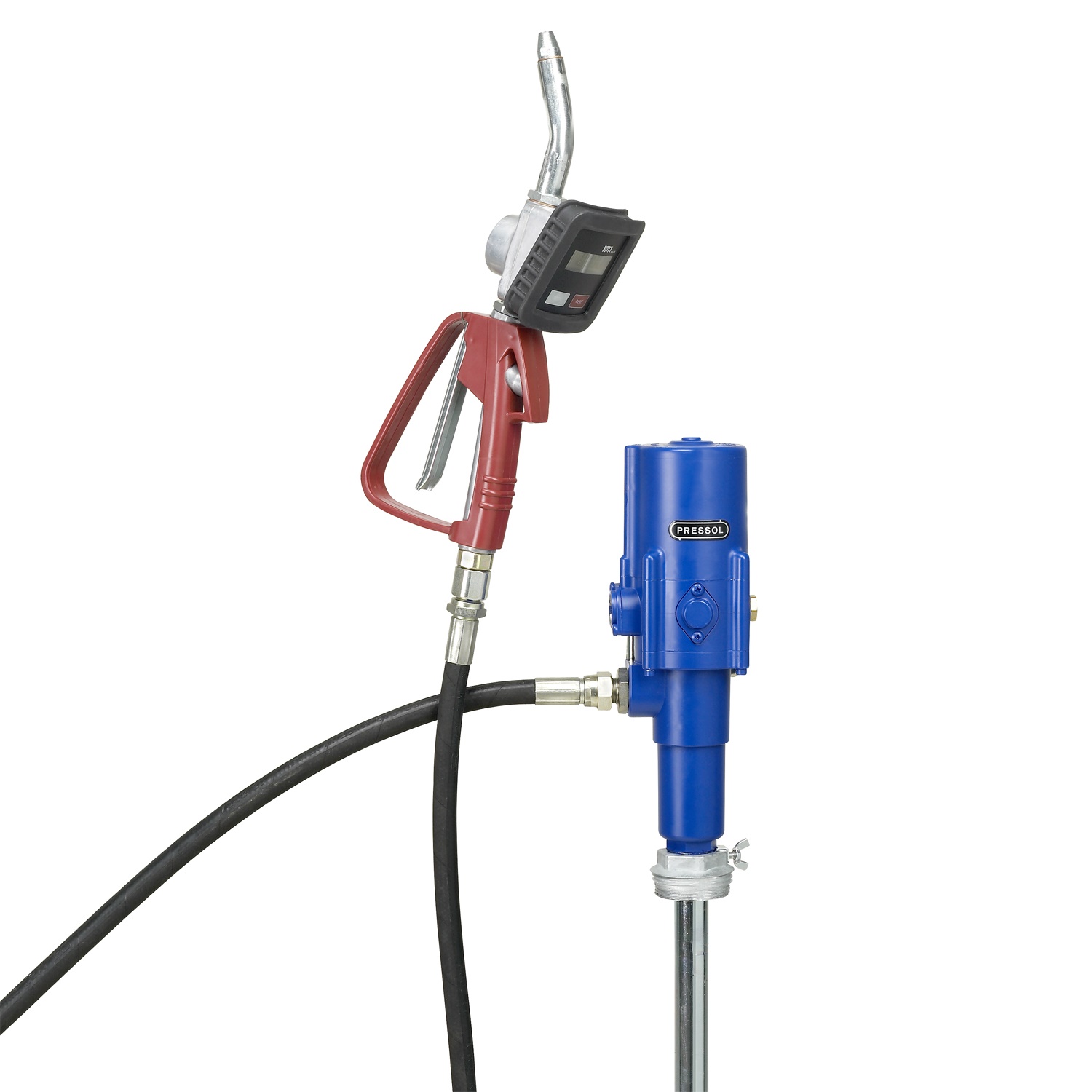 Werkzeuge – Qualität für Profis Eine rote Zapfpistole mit Digitalanzeige ist über einen schwarzen Schlauch mit einer blauen Transferpumpe verbunden und verdeutlicht so die Präzision des Pressol Ölsystems-SR-NEF-PNP 3:1, SRL 570-60-l-BE-HZ-AR-AAS. Jetzt kaufen