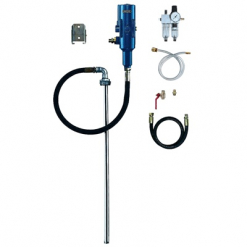 Werkzeuge – Qualität für Profis Komponenten des Pressol Pneumatik-Pumpe 5:1-DW-NEF-Sets, SRL 1200-Wandmontage, bestehend aus blauem Motor, Schlauch, Druckregler, Metallstange und Anschlüssen auf weißem Hintergrund – ein perfekter Begleiter für alle, die ihren Werkzeugkasten erweitern oder eine Aufrüstung mit professionellen Werkzeugen in Betracht ziehen. Jetzt kaufen