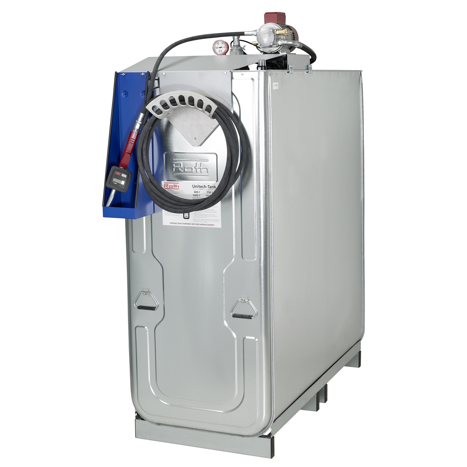 Werkzeuge – Qualität für Profis Ein großer, silberner, rechteckiger Kraftstoffvorratstank mit einem Schlauch und einem Messgerät obenauf, platziert vor einem weißen Hintergrund, steht wie die Pressol Kompaktanlage-1500 l-NEF, Ölpumpe-230 V-Schlauch-8 m für den effizienten Einsatz in jedem Projekt bereit. Jetzt kaufen