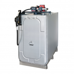 Werkzeuge – Qualität für Profis Ein silberner Pressol Tank-750 mit 750 Litern Fassungsvermögen und angeschlossener Flügelzellenpumpe, die bei 230 V und 50 Hz 60 Liter pro Minute fördert, komplett mit Zapfpistole – ideal für alle, die neben der Profi-Werkzeuge-Kauf auch ihre Garage organisieren möchten. Jetzt kaufen