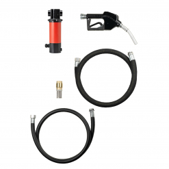 Werkzeuge – Qualität für Profis Das Pressol MOBIMAxx-Kraftstofftransferpumpen-Set, bestehend aus einer roten Pumpe, einer schwarzen Düse, zwei Schläuchen und einem Messing-Anschlusssatz auf weißem Hintergrund, ist perfekt für alle, die ihre Werkzeugsammlung mit dem Nötigsten erweitern möchten, bevor sie in Werkzeuge wie ein Schraubenschlüssel-Set oder eine Bohrmaschine für Heimwerker investieren. Jetzt kaufen