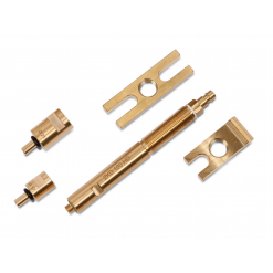 Werkzeuge – Qualität für Profis Auf weißem Hintergrund wird ein Prüfadapter-Set „Nfz“ für KP.. und DRV..-Geräte - ZKD 100_HD_light mit messingfarbenen mechanischen Teilen wie einem Gewindezylinder und passenden Komponenten angezeigt – perfekt für Einzelpersonen, die professionelles Werkzeug suchen. Jetzt kaufen