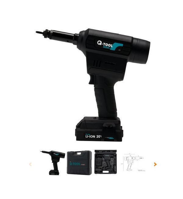 Werkzeuge – Qualität für Profis Das elegante Q-Tool® Akku-Blindnietmuttergerät Q-Tool® N12XL SET, das auf weißem Hintergrund präsentiert wird, ist mit einem leistungsstarken 20-V-Lithium-Ionen-Akku und vielseitigen Aufsätzen ausgestattet. Es ist ideal für Heimwerkerprojekte als Teil eines Akkuschrauber-Sets oder wenn Sie bereit sind, Werkzeug für Ihren Heimwerkzeugkasten zu kaufen. Jetzt kaufen