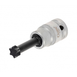 Werkzeuge – Qualität für Profis Ein Spezialnuss für Schwungradschrauben mit einem T60 T-Profil mit einer schwarzen sternförmigen Spitze und einer zylindrischen silbernen Basis, ideal für Ihr Akkuschrauber-Set. Jetzt kaufen