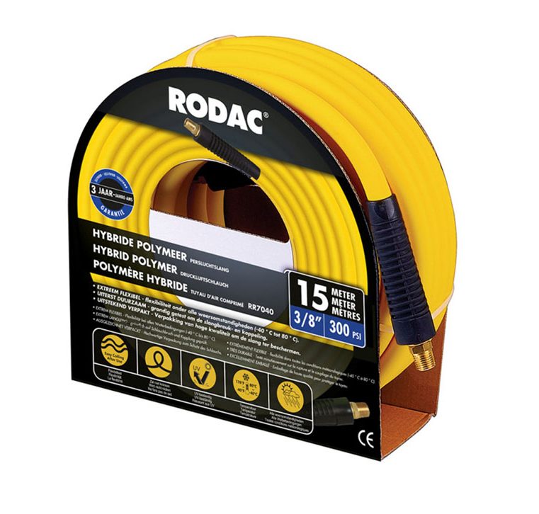 Werkzeuge – Qualität für Profis Der 15 Meter lange Rodac-Hybridpolymer-Luftschlauch in leuchtendem Gelb und ohne Kupplungen verfügt über eine Druckkapazität von 300 PSI bei einem Durchmesser von 9,5 mm (ungefähr 3/8 Zoll), ähnlich dem langlebigen Vollgummi-Design. Jetzt kaufen