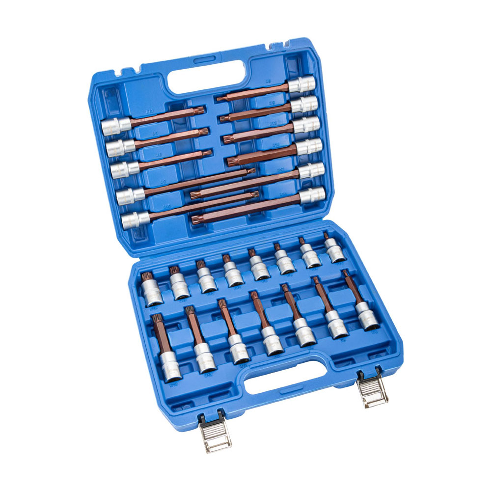 Werkzeuge – Qualität für Profis In einem blauen Kunststoffkoffer ist eine Auswahl an 1/2-Zoll-Steckschlüsseln und Bitadaptern übersichtlich untergebracht, darunter die vielseitige Condor Steckschlüssel-Reihe - Satz 26-tlg., 1/2, Vielzahn M5-16. Ab T-Profil T20-70 hat jedes Werkzeug seinen eigenen Platz für einfachen Zugriff und effiziente Aufbewahrung. Jetzt kaufen