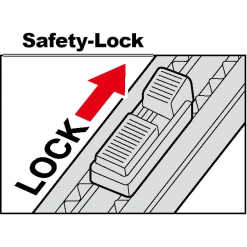 Werkzeuge – Qualität für Profis Diagramm des Sicherheitsverriegelungsmechanismus des Cuttermesser KDS GS 401 mit einem nach oben zeigenden roten Pfeil und der Aufschrift „LOCK“. Jetzt kaufen