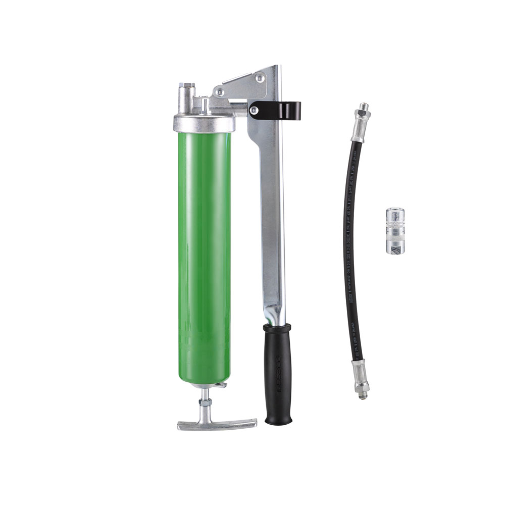 Werkzeuge – Qualität für Profis Die Pressol PRELIxx PRO (14203 351) ist eine elegante grüne M 10 x 1-Fettpresse mit schwarzem Griff, einem flexiblen Schlauch und einem Metallanschluss für präzises und zuverlässiges Schmieren. Jetzt kaufen