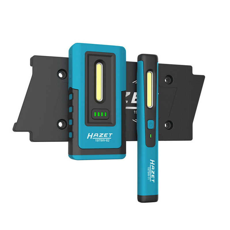 Werkzeuge – Qualität für Profis Hazet LED-Inspektions-Lampen-Satz mit kabelloser Aufladung, bestehend aus tragbaren Arbeitsleuchten in Blau und Schwarz und Halterungen zur Wandmontage. Jetzt kaufen