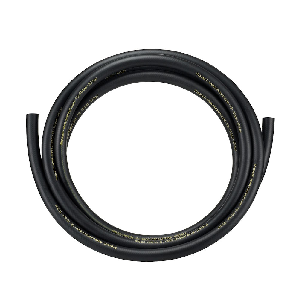 Werkzeuge – Qualität für Profis Der Pressol AdBlue® - Abgabeschlauch, 6 m ist ein aufgerollter schwarzer Gummischlauch mit gelber Schrift auf weißem Hintergrund. Jetzt kaufen