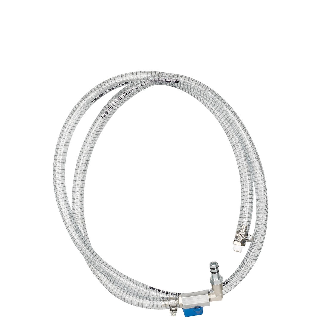 Werkzeuge – Qualität für Profis Der Pressol Absaugschlauch komplett 04408 ist ein flexibler, durchsichtiger Schlauch mit Metallbeschlägen und einem blauen Ventil, aufgerollt in einer Schlaufe und isoliert auf einem weißen Hintergrund dargestellt. Jetzt kaufen