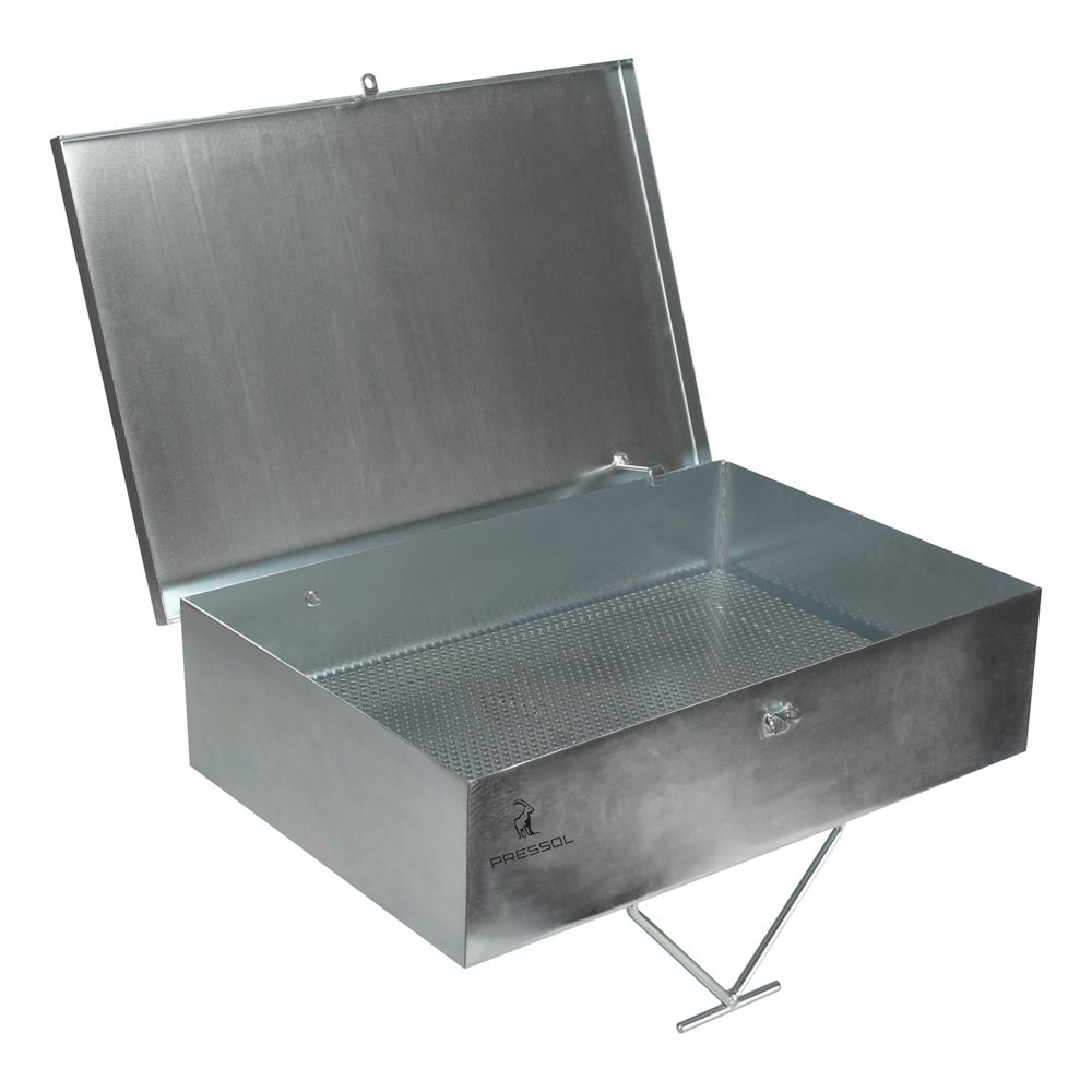 Werkzeuge – Qualität für Profis Der Pressol Einfüllbehälter ist ein rechteckiger Metallbehälter mit verschließbarem Deckel, Netzinnenschale und klappbarem Standfuß für Altölsammelbehälter, offen dargestellt. Jetzt kaufen