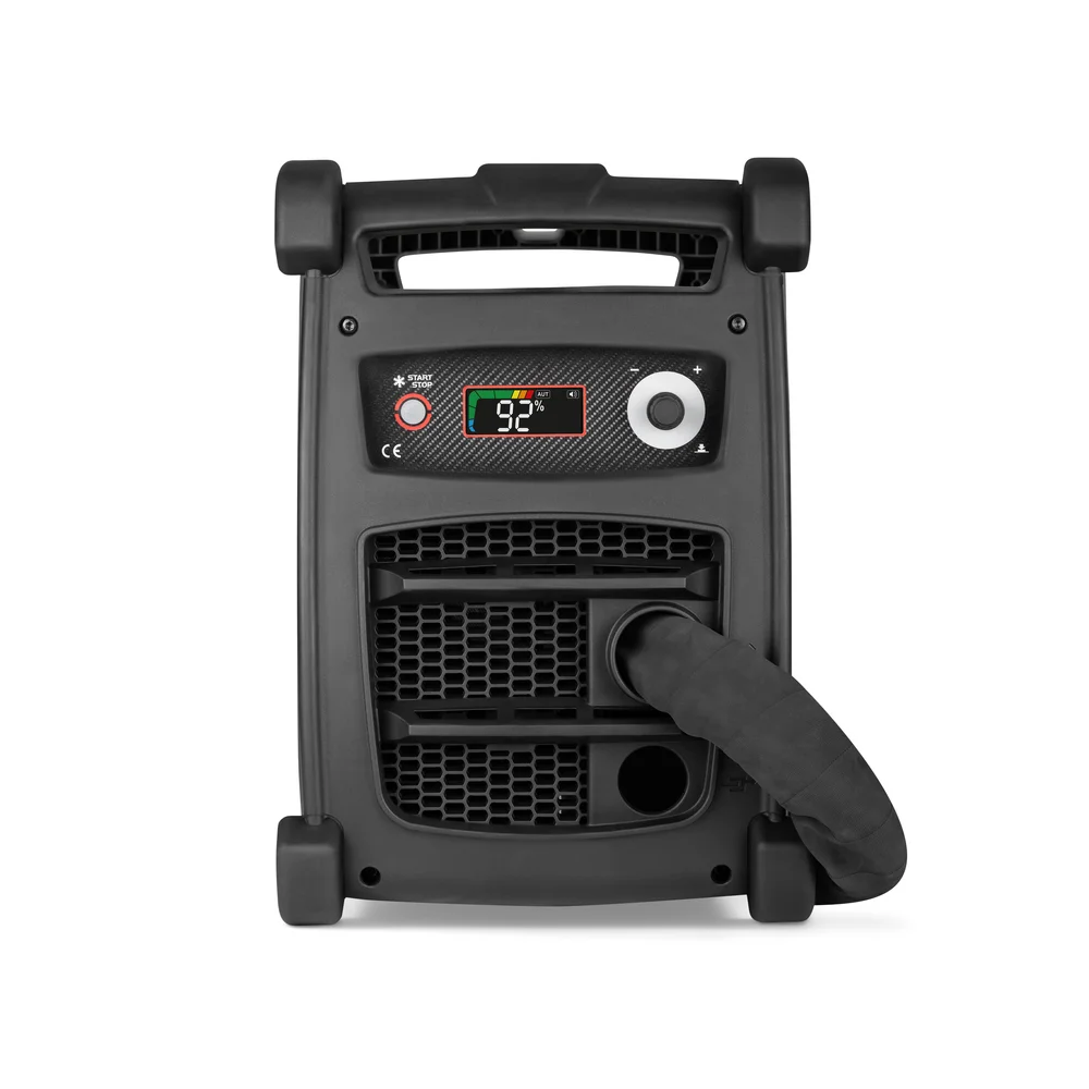 Werkzeuge – Qualität für Profis Der Telwin Inductor 6000 Aqua ist ein schwarzes, tragbares elektronisches Gerät mit einer Temperaturanzeige von 92°C, einem Drehknopf, Kontrollleuchten und einem flexiblen Schlauchanschluss, dargestellt auf einem weißen Hintergrund. Jetzt kaufen