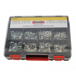Werkzeuge – Qualität für Profis Ordnungsbox aus Kunststoff mit der Aufschrift "Masterfix Nietmuttern-Box 1200 tlg." auf dem Deckel, die verschiedene Metall-Blindnietmuttern in mehreren Fächern sortiert enthält. Jetzt kaufen