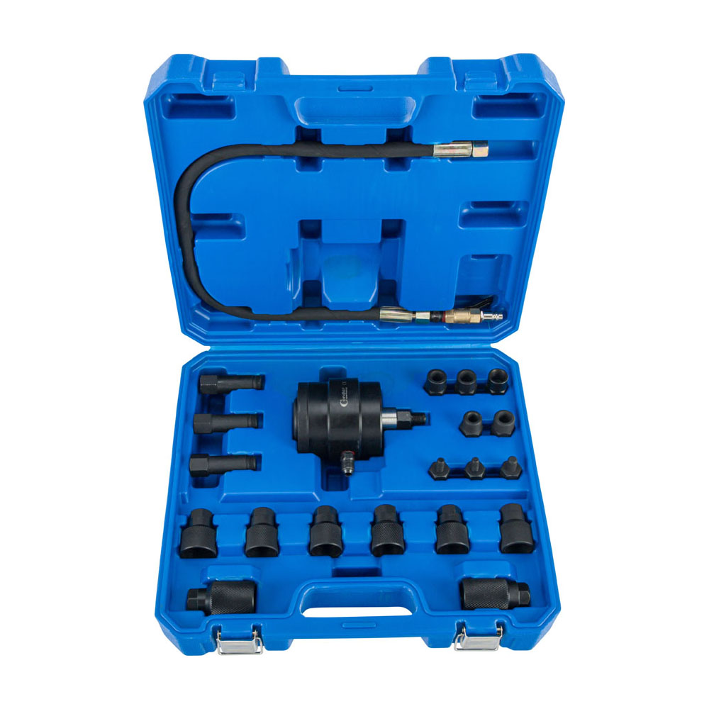 Werkzeuge – Qualität für Profis Der CONDOR Pneumatischer Injektorenauszieher-Satz wird in einem blauen Kunststoffkoffer geliefert, in dem schwarze Kfz-Werkzeuge - Steckschlüssel, Adapter und ein flexibler Schlauch - übersichtlich in geformten Fächern angeordnet sind. Jetzt kaufen