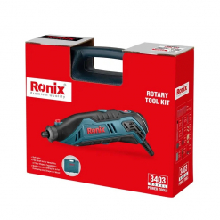 Werkzeuge – Qualität für Profis Rot-schwarzer Ronix Multi-Fräser 40 tlg. rotierender Werkzeugsatz mit Griff, Produktbild und Funktionsliste auf der Verpackung. Die Modellnummer 3403 erscheint unten rechts. Jetzt kaufen
