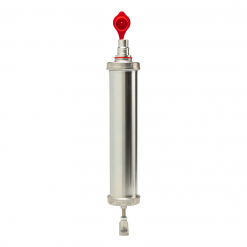 Werkzeuge – Qualität für Profis Eine zylindrische Pressol Befüllpumpe für Zentralschmieranlagen mit einem roten Griff oben und einer Düse unten, isoliert auf einem weißen Hintergrund. Jetzt kaufen