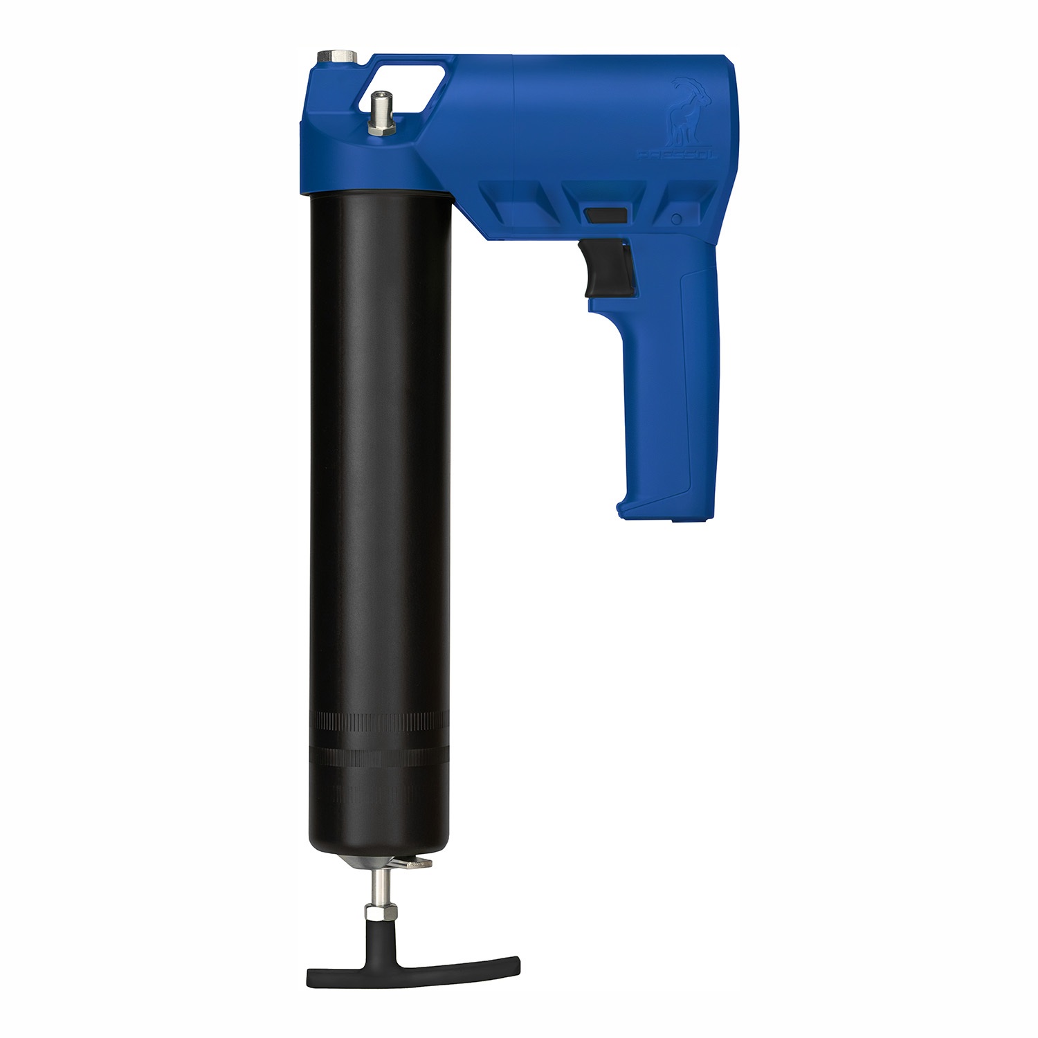 Werkzeuge – Qualität für Profis Die Pressol Druckluftfettpresse mit Panzerschlauch, Düsenrohr und Hydraulikmundstück wird mit ihrem ergonomischen Griff und dem zylindrischen Patronenhalter vor einem weißen Hintergrund gezeigt. Jetzt kaufen