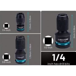 Werkzeuge – Qualität für Profis Der Libraton Aufnahme-Satz für Akkuschrauber enthält drei Sechskant-Bohreradapter (1/4", 3/8" und 1/2"), die jeweils mit den Abmessungen in Zoll und Zentimetern beschriftet sind. Jetzt kaufen