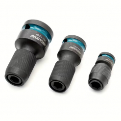 Werkzeuge – Qualität für Profis Drei Libraton Aufnahme-Satz Steckdosenadapter für 1/4" Sechskant-Akkuschrauber, in schwarz und blau, sind nebeneinander auf weißem Hintergrund angeordnet. Jetzt kaufen