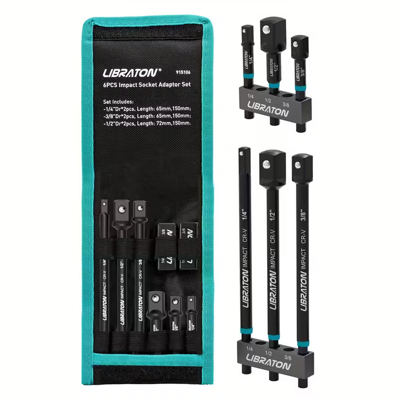 Werkzeuge – Qualität für Profis LIBRATON 6-teiliger Adaptersatz für Schlagschraubereinsätze, abgebildet in einem tealfarbenen Etui und separat, mit Adaptern verschiedener Längen und Antriebsgrößen, beschriftet mit Abmessungen. Jetzt kaufen
