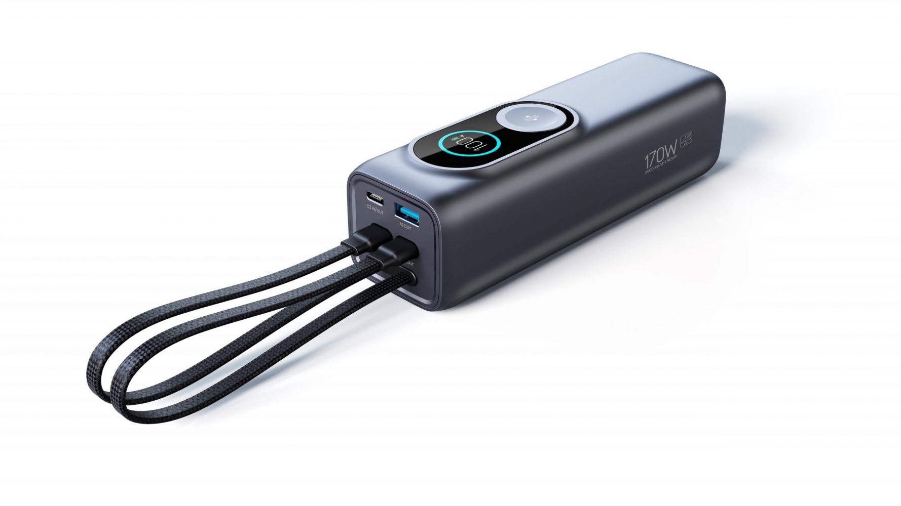 Werkzeuge – Qualität für Profis Die iFORWAY Schnelllade-Powerbank PB02 mit Wireless Ladung für Smartwatch ist eine kompakte schwarze Powerbank mit Digitalanzeige, USB-/USB-C-Ports und zwei angeschlossenen Kabeln auf weißem Hintergrund. Jetzt kaufen