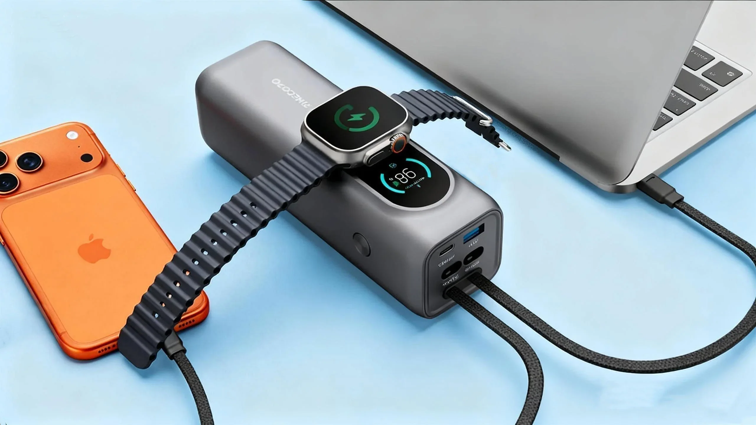 Werkzeuge – Qualität für Profis Die iFORWAY Schnelllade-Powerbank PB02 mit Wireless-Ladung lädt gleichzeitig eine Smartwatch, ein oranges iPhone und einen Laptop auf eine hellblaue Oberfläche. Jetzt kaufen