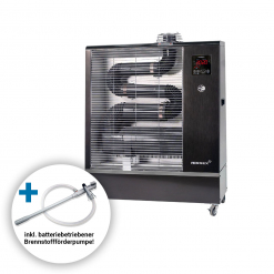 Werkzeuge – Qualität für Profis Das AIRREX AH-800i Infrarot-Bioheizgerät in Schwarz und Silber verfügt über ein digitales Display, sichtbare interne Heizelemente und eine batteriebetriebene Brennstoffpumpe, die in einer separaten Beilage dargestellt ist. Jetzt kaufen