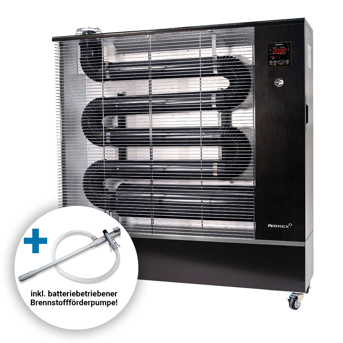 Werkzeuge – Qualität für Profis Das AIRREX AH-800i Infrarot-Bioheizgerät ist ein großes, schwarz-silbernes Industrieheizgerät mit Digitalanzeige und Rädern; der Einsatz zeigt eine batteriebetriebene Brennstoffpumpe mit Schlauch. Jetzt kaufen