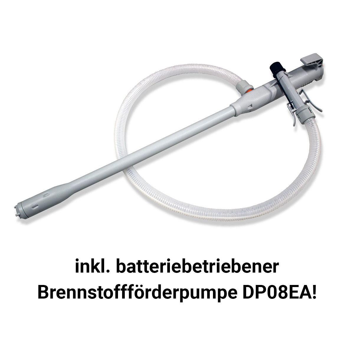 Werkzeuge – Qualität für Profis Eine batteriebetriebene Kraftstoffförderpumpe DP08EA mit einem Schlauch ist auf weißem Hintergrund neben einem AIRREX AH-800i Infrarot-Bioheizgerät abgebildet. Weitere Details zu den Produkten finden Sie im Text unten. Jetzt kaufen