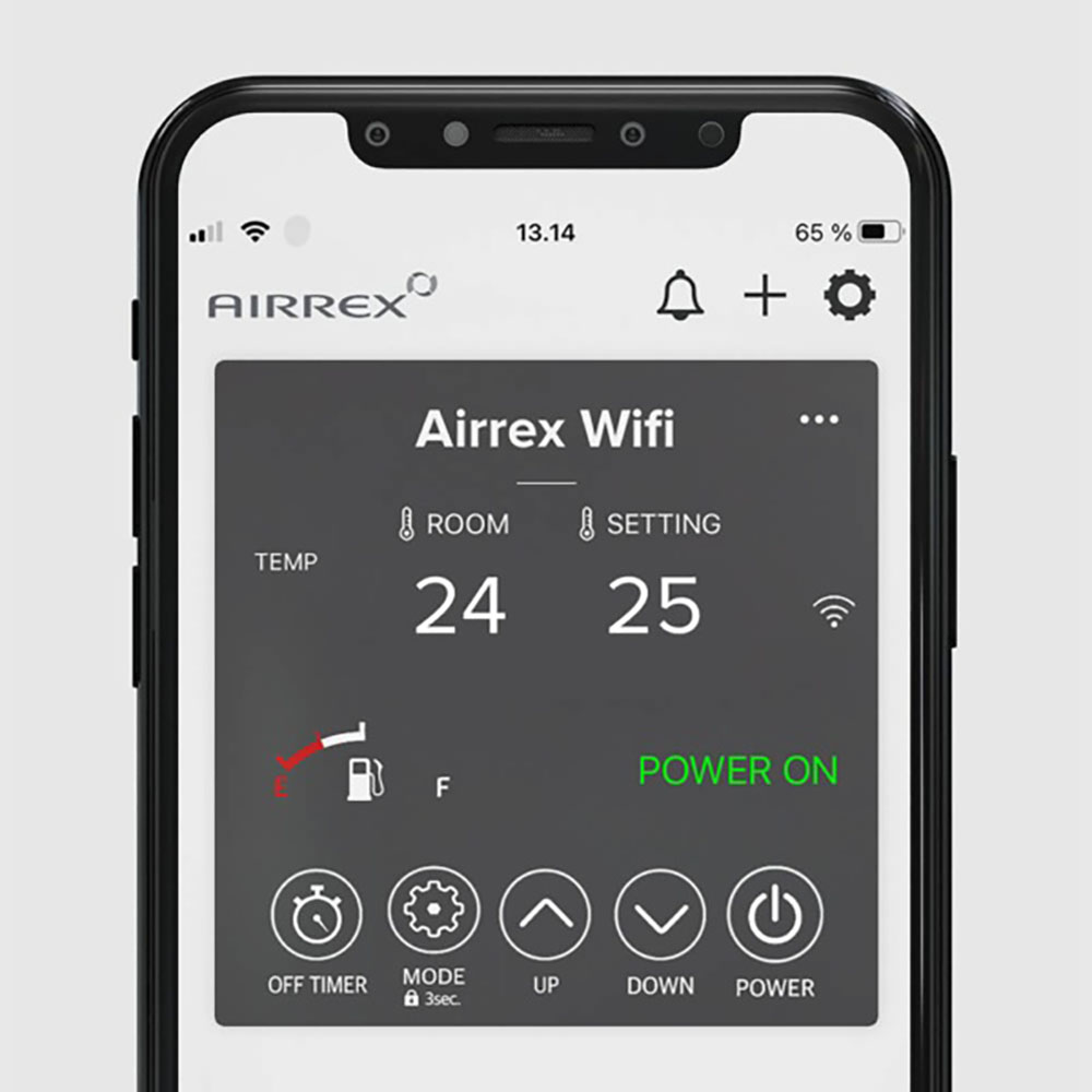 Werkzeuge – Qualität für Profis Ein Smartphone zeigt die Airrex Wifi-App für das AIRREX AH-200i Infrarot-Bioheizgerät an und zeigt die Raumtemperatur von 24°C, die Einstellung von 25°C, die fast leere Tankanzeige und den Status "POWER ON" an. Jetzt kaufen