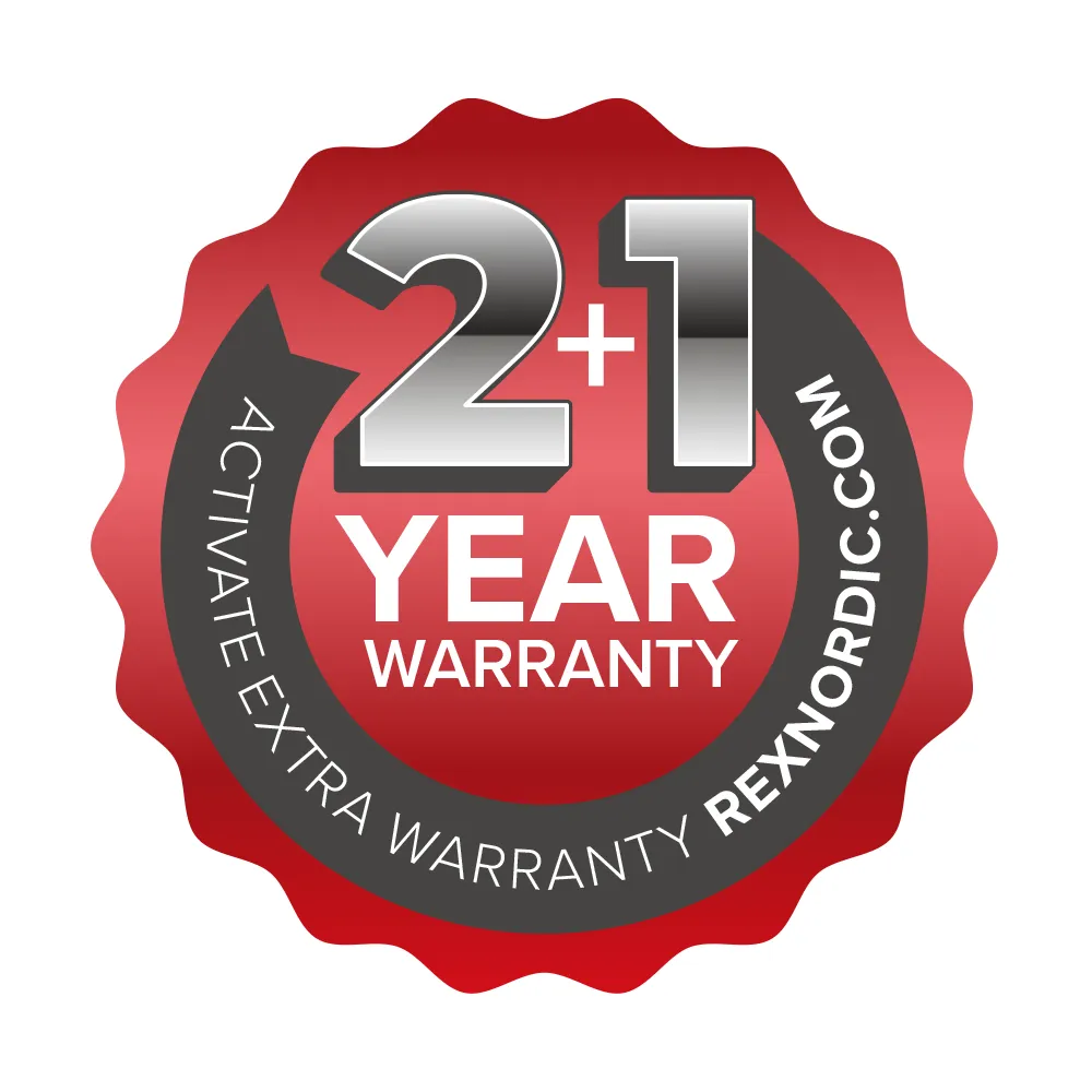 Werkzeuge – Qualität für Profis Rot-schwarzer Aufkleber mit "2+1 Jahr Garantie" in Fettdruck und "Activate Extra Warranty REXNORDIC.COM" am Rand, entworfen für das AIRREX AH-800i Infrarot-Bioheizgerät. Jetzt kaufen