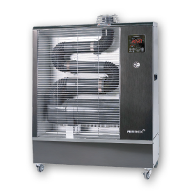 Werkzeuge – Qualität für Profis Ein schwarz-silberner Elektroheizer mit sichtbarem Heizelement, Digitalanzeige, Bedienknopf und Rädern für die Mobilität auf schwarzem Hintergrund. Jetzt kaufen