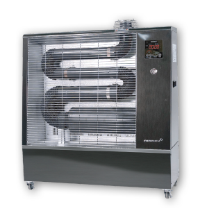 Werkzeuge – Qualität für Profis Großer Industrie-Elektroheizer mit digitaler Temperaturanzeige, gewickelten Heizelementen, Metallgitter und Rädern für die Mobilität, vor einem schwarzen Hintergrund. Jetzt kaufen