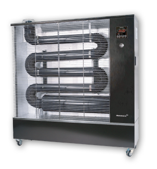 Werkzeuge – Qualität für Profis Großer Industrie-Elektroheizer mit freiliegenden, gewendelten Heizelementen, digitalem Bedienfeld und Rädern für die Mobilität, vor einem schlichten schwarzen Hintergrund. Jetzt kaufen