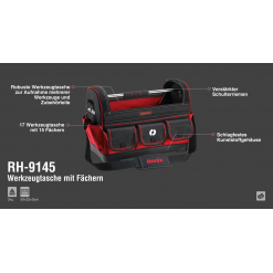 Werkzeuge – Qualität für Profis Schwarz-rote RONIX Werkzeugtasche mit 15 Fächern, 17 Zoll, mit Tragegriff, verstärktem Schultergurt und beschrifteten Merkmalen auf Deutsch. Jetzt kaufen