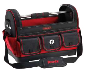 Werkzeuge – Qualität für Profis Die RONIX Werkzeugtasche mit 15 Fächern 17 Zoll ist eine schwarz-rote Werkzeugtasche mit mehreren Außentaschen, einem Schultergurt und einem Metallgriff. Jetzt kaufen