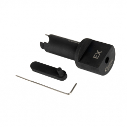 Werkzeuge – Qualität für Profis Ein schwarzes Kunststoffwerkzeug mit der Bezeichnung EX aus dem Condor Messadapter Nockenwelleneinstellung mit Halter, VAG 1.4L mit ACT, mit einem abnehmbaren Hebel und einem L-förmigen Inbusschlüssel daneben, dargestellt auf weißem Hintergrund. Jetzt kaufen