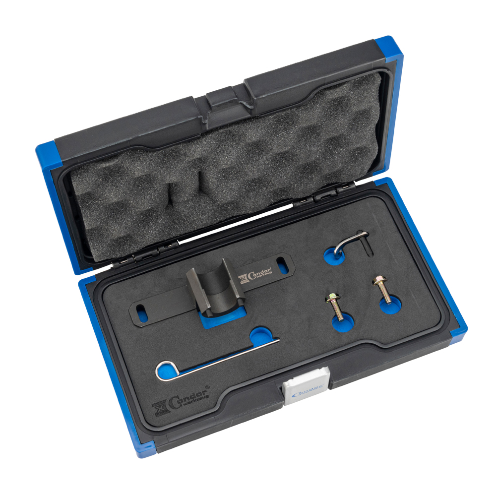Werkzeuge – Qualität für Profis Ein schwarz-blauer Kunststoffkoffer mit Schaumstoffeinlagen hält den Condor Ölpumpen- und Ausgleichswellen-Arretier-Werkzeug-Satz, BMW-Metallwerkzeuge und Befestigungsmittel sicher und übersichtlich in den dafür vorgesehenen Fächern. Jetzt kaufen