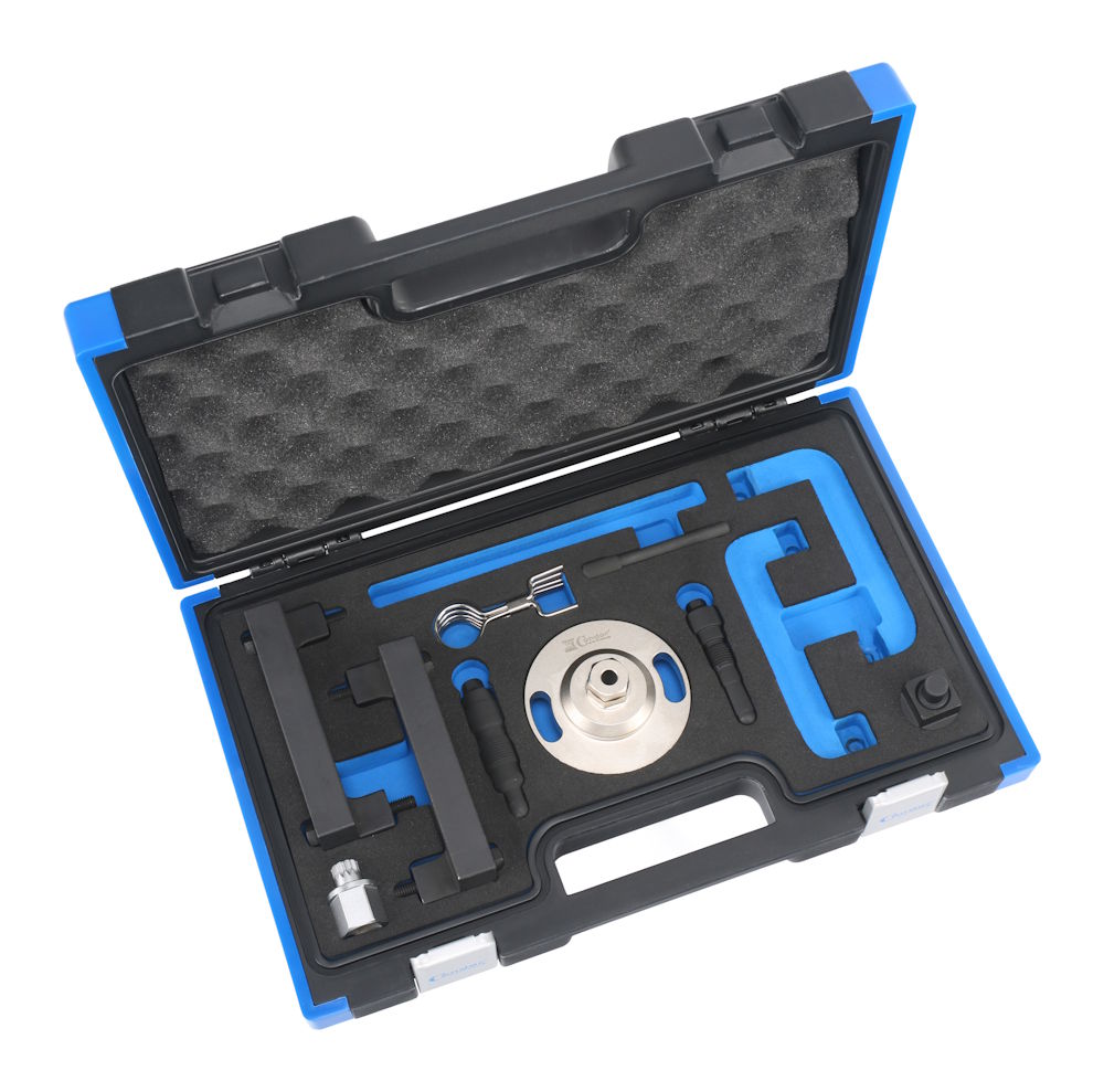 Werkzeuge – Qualität für Profis Ein blau-schwarzer Kunststoffkoffer, in dem der Condor Motoreinstell-Werkzeug-Satz, VAG FSI / RS-Präzisionswerkzeuge aus Metall und Kunststoff übersichtlich in Schaumstoffausschnitten angeordnet sind. Jetzt kaufen