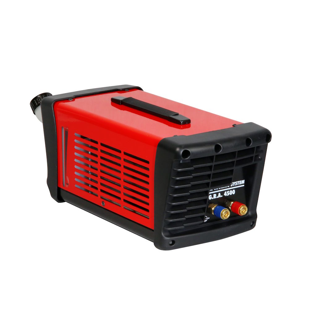 Werkzeuge – Qualität für Profis Die TELWIN WASSERKÜHLUNG FÜR TECHNOLOGY TIG 222 AC/DC ist ein rot-schwarzes, tragbares Gerät mit seitlichen Lüftungsöffnungen, einem Griff an der Oberseite und Kabelanschlüssen auf der Vorderseite. Jetzt kaufen