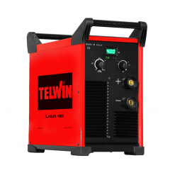 Werkzeuge – Qualität für Profis Ein rot-schwarzes TELWIN LINEAR 450i Schweißgerät mit Bedienknöpfen, Digitalanzeige und Kabelanschlüssen an der Vorderseite. Jetzt kaufen
