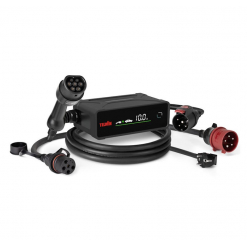 Werkzeuge – Qualität für Profis Die TELWIN MASTERCHARGE FLEX 22 ist eine schwarze elektronische Ladestation für Elektrofahrzeuge mit angeschlossenen Kabeln, Steckern, digitaler Ladestatusanzeige und dem Markennamen TELWIN. Jetzt kaufen
